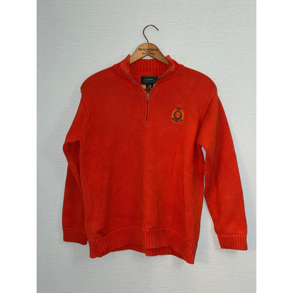 Lauren Ralph Lauren Orange Cotton Quarter Zip Crest Sweater Small vintage